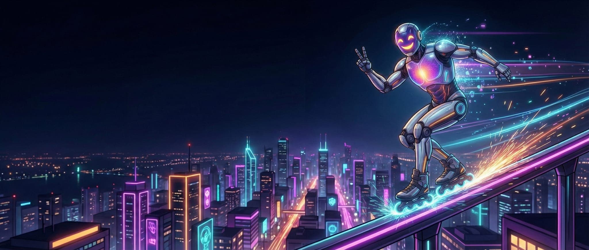 Robot skating over a neon cityscape